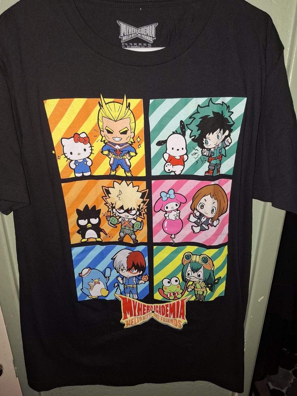 Sanrio Black Short Sleeve Tee with Multicolor Chibi Character Panels